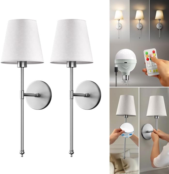 pridola Set of 2 Wireless Wall - Stick-On or Screw Mount for Easy Installation, Rechargeable LED Bulbs, Remote Controlled, Adjustable Brightness, The Original Wireless Wall Lamps (Silver) - Image 1